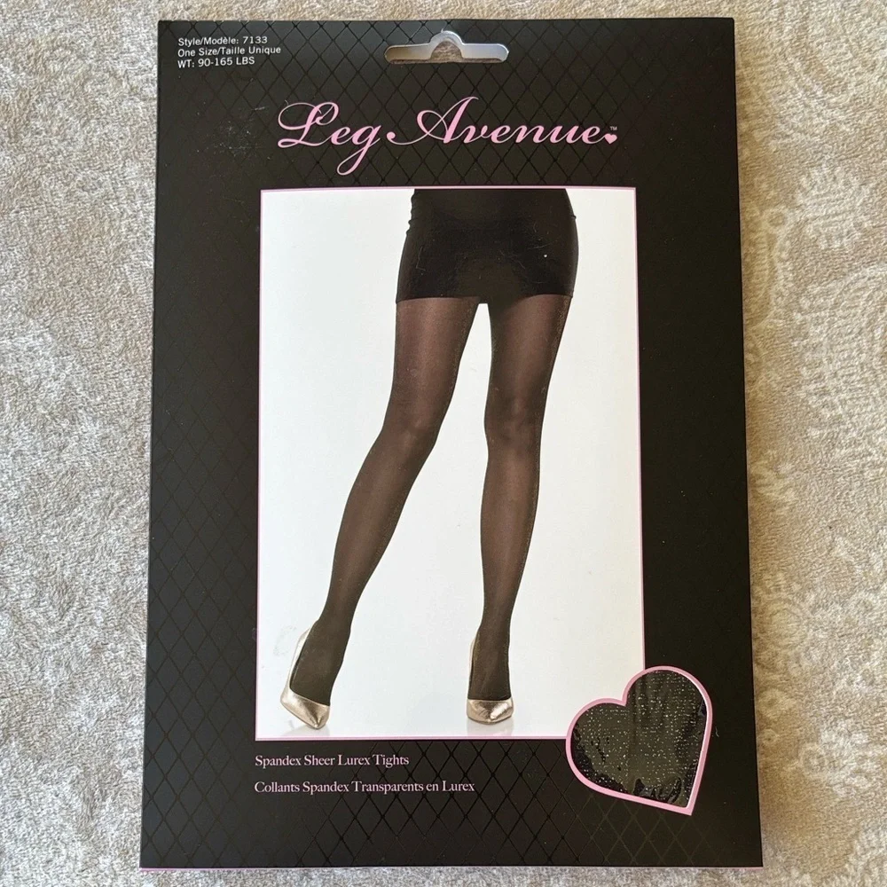 Brand New Leg Avenue Black Sheer Gold Metallic Shimmer Tights Panty Hose